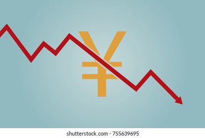 flat icon design of downtrend line arrow breaking through yuan currency sign on blue color background