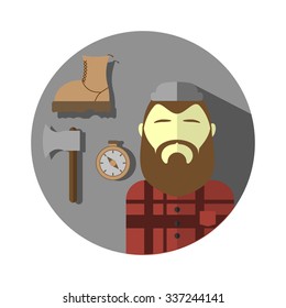 Flat icon design with elements of people avatar profession lumberjack and life style.Modern infographic vector logo pictogram collection concept.