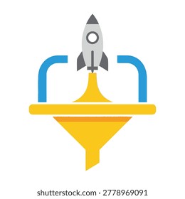 A flat icon design featuring a rocket ship launching from a yellow funnel. This conceptual image represents rapid business growth, startup acceleration, and marketing.