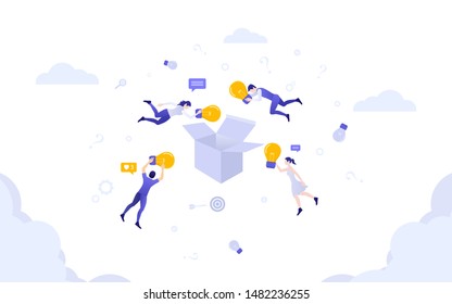 Flat icon design of flying people put light bulb in box on white color background