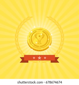 flat icon design of Golden medal with light ray in yellow color background