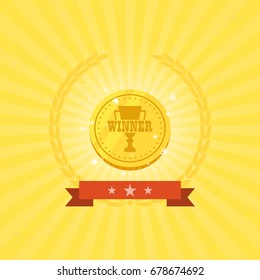 flat icon design of Golden medal with light ray in yellow color background