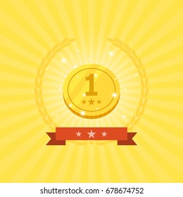flat icon design of Golden medal with light ray in yellow color background
