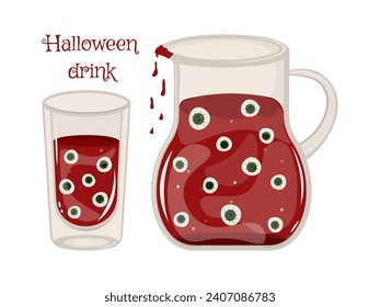 Flat icon design of halloween drink. Halloween cocktail, holiday party drink with eyes, cartoon vector. Halloween cocktail drink or soda lemonade in crystal wineglass for bar menu
