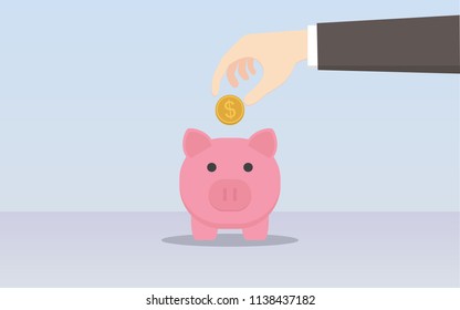flat icon design of hand drop dollar coin money to piggy bank on blue color background