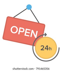 Flat icon design of a hanging stating the shop is open round the clock

