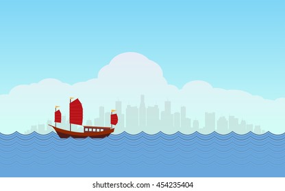 Flat icon design of Junk Boat in Hong Kong harbor with cityscape under blue sky with cloud