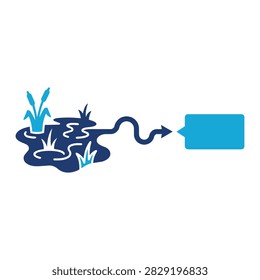 Flat icon design of a marshy pond with a winding arrow leading to a speech bubble