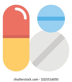
Flat icon design of medicine, capsule and pills of different colors and sizes.
