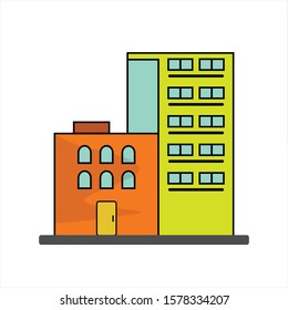 Flat icon design of modern city houses. Old buildings, skyscrapers. colorful cottage building 