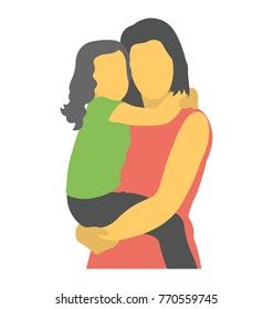 
Flat icon design of a Mom hugs her toddler girl 
