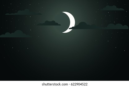 flat icon design of moon and stars in cloudy sky background(vector)
