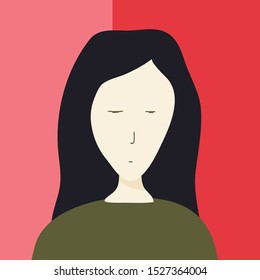 Flat icon design of people face expression. Portrait of a woman with long black hair. Boring pissed-of face. Avatar of a girl bored expression face. Red background. Vector flat illustration - Vector