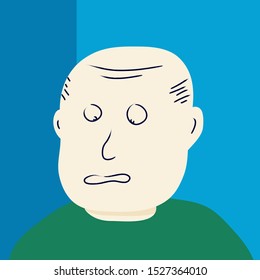 Flat icon design of people face expression. Portrait of a old man with no hair. Scared facial. Surprise face. Avatar of a man shocking expression face. Blue background. Vector flat illustration