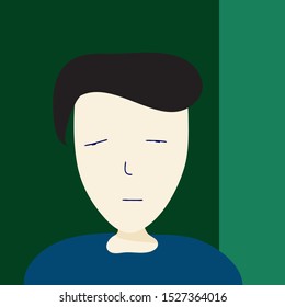 Flat icon design of people face expression. Portrait of a man with black hair. Bored Pissed-of face. Avatar of a undoubtedly expression face. Green background. Vector flat illustration - Vector