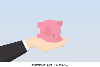 flat icon design of piggy bank sleeping on hand in blue color background