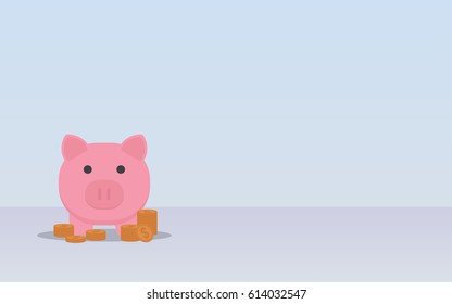 flat icon design of piggy bank and stack of coins on grey color background