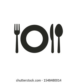 Flat icon design of plate, knife, and fork Minimalism. Vector illustration on white background Dinner theme with creative symbol. EPS 10