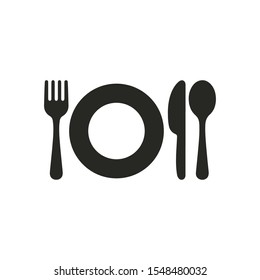 Flat icon design of plate, knife, and fork Minimalism. Vector illustration on white background Dinner theme with creative symbol. EPS 10