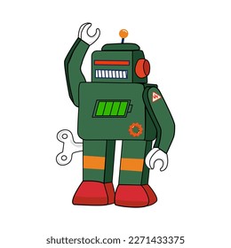 Flaches Icon Design Retro-grüner Roboter einzeln auf weißem Hintergrund, Vektorgrafik , T-Shirt-Design für Kinder.