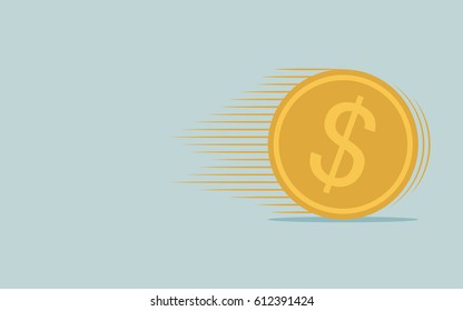 flat icon design of rolling dollar coin on blue color background