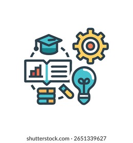 Flat icon design showing knowledge creation. Open book, graduation cap, and innovative lightbulb displayed. Engineering cogwheel and stack of books.