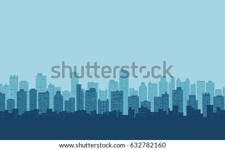  flat icon design of silhouette city skyline, Cityscape in blue color sky background 