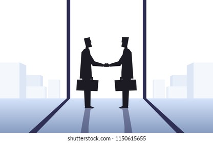 flat icon design of silhouette two Businessmen making handshake in office with cityscape background