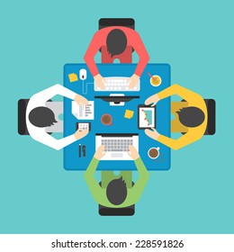 Flat icon design for teamwork and brainstorming concept. Man seating around table and working, view from above.