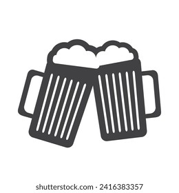 Flat Icon Design - Two Black Beer Mugs Filled with Frothy Drink - Icon Isolated on White Background