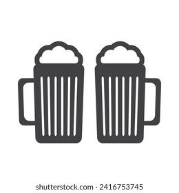 Flat Icon Design - Two Black Beer Mugs Filled with Frothy Drink - Icon Isolated on White Background