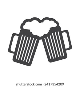 Flat Icon Design - Two Black Beer Mugs Filled with Frothy Drink - Icon Isolated on White Background