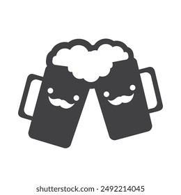 Flat Icon Design - Two Black Beer Mugs with Cute Male Smiling Faces Filled with Frothy Drink - Icon Isolated on White Background