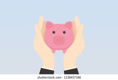 flat icon design of two hand holding piggy bank on blue color background