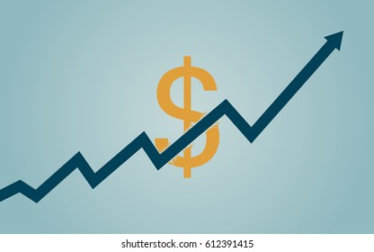 flat icon design of uptrend line arrow breaking through dollar sign on blue color background