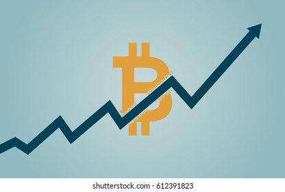 flaches Icon-Design des Aufwärtstrend-Pfeilers, der durch das Bitcoin-Zeichen auf blauem Hintergrund bricht