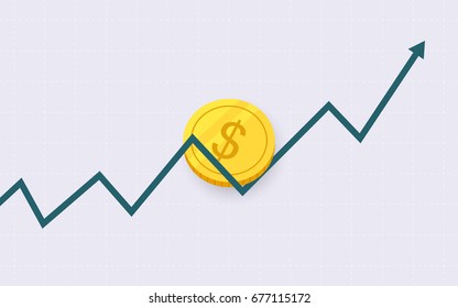 flat icon design of uptrend line arrow breaking through dollar coin on grey color background