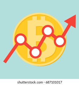 Flat icon design of uptrend line arrow breaking through bitcoin sign on blue color background. Uptrend line arrow with bitcoin sign in flat icon design. Uptrend line arrow breaking through bitcoin