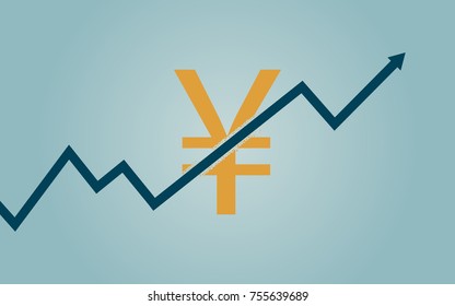 flat icon design of uptrend line arrow breaking through yuan currency sign on blue color background