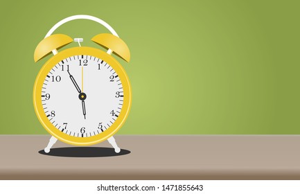 Flat icon design. Vector Cartoon alarm clock isolated on green background on table. concept Woke up morning.