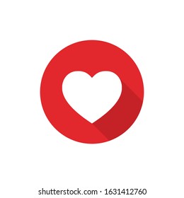 Flat icon design. White heart with long shadow in red circle isolated on white background. Happy Valentine's day, love symbol and health care concept. Vector illustration.