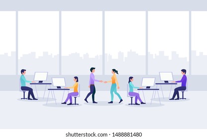 flat icon design of working people in office with city skyline from windows background