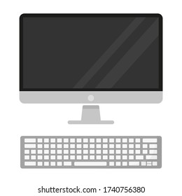 Flat icon of a desktop computer with a keyboard in gray. Stock vector illustration isolated on white background.