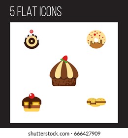 Flat Icon Dessert Set Of Biscuit, Doughnut, Cupcake And Other Vector Objects. Also Includes Pastry, Shortcake, Donuts Elements.