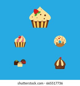 Flat Icon Dessert Set Of Confectionery, Cupcake, Doughnut And Other Vector Objects. Also Includes Sweetmeat, Cake, Dessert Elements.