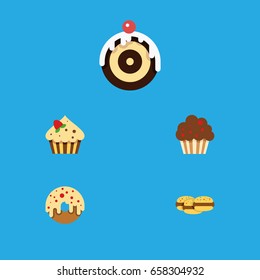 Flat Icon Dessert Set Of Doughnut, Confectionery, Biscuit And Other Vector Objects. Also Includes Doughnut, Cupcake, Biscuit Elements.
