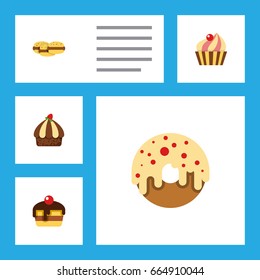 Flat Icon Dessert Set Of Doughnut, Cupcake, Dessert And Other Vector Objects. Also Includes Sweetmeat, Cupcake, Biscuit Elements.