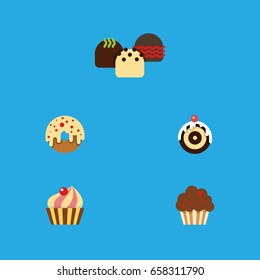 Flat Icon Dessert Set Of Muffin, Cake, Sweetmeat And Other Vector Objects. Also Includes Cupcake, Muffin, Dessert Elements.