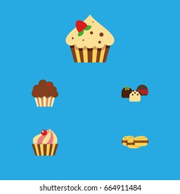 Flat Icon Dessert Set Of Muffin, Biscuit, Confectionery And Other Vector Objects. Also Includes Dessert, Confectionery, Sweetmeat Elements.