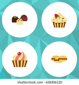 Flat Icon Dessert Set Of Sweetmeat, Cake, Biscuit And Other Vector Objects. Also Includes Cake, Cupcake, Confectionery Elements.